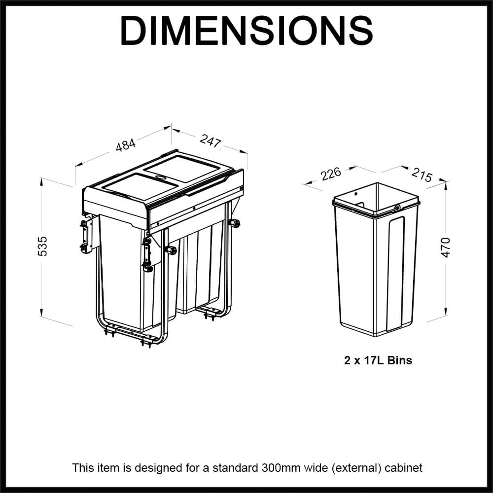 twin bin soft close for 300mm cabinet